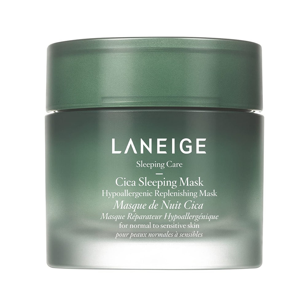 A green tube of Laneige Cica Sleeping Mask on white background
