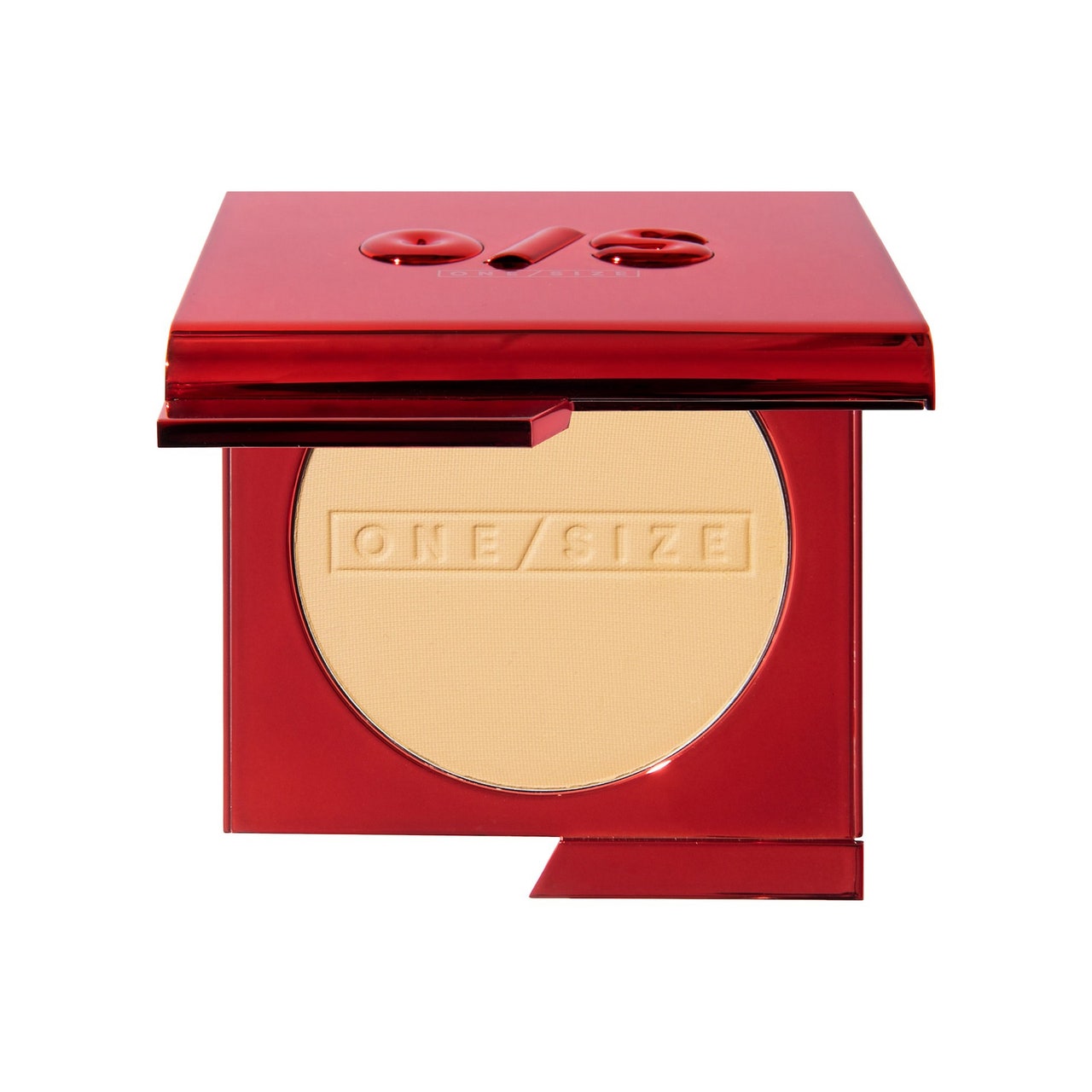 One/Size Turn Up The Base Versatile Powder Foundation open red chrome compact of pressed powder foundation on white background
